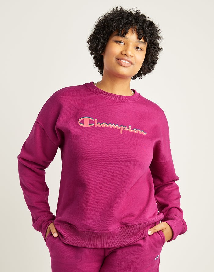 Hanorac Champion Powerblend Fleece Relaxed Crew Script Logo Dama Roz - Romania SWCIMXH-49